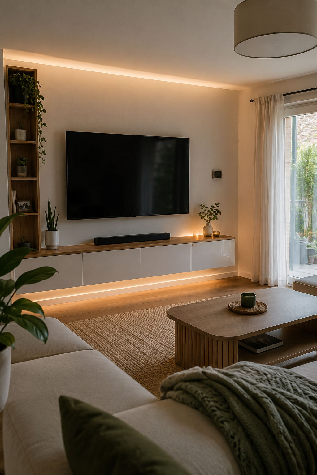 Modern living room with wall-mounted TV setup by PrimeHaus